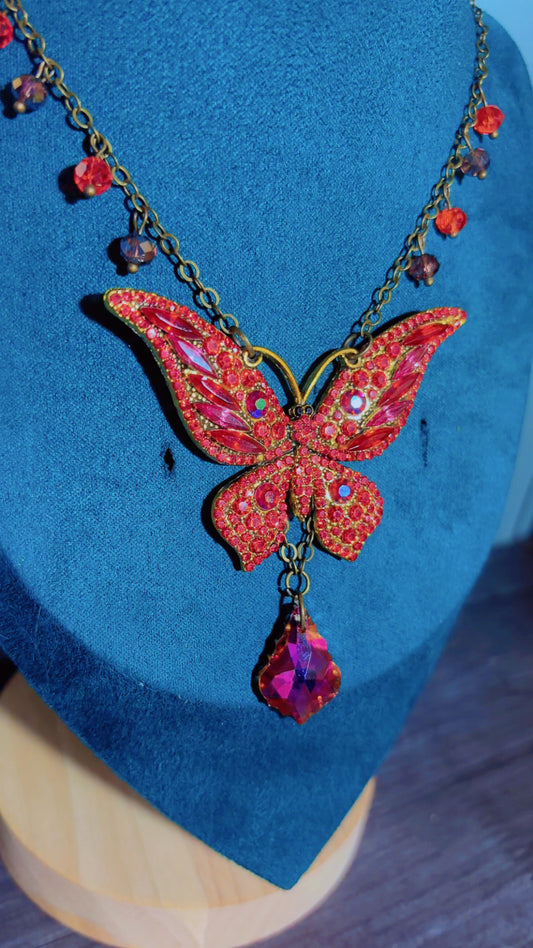 Handmade red rhinestone butterfly necklace