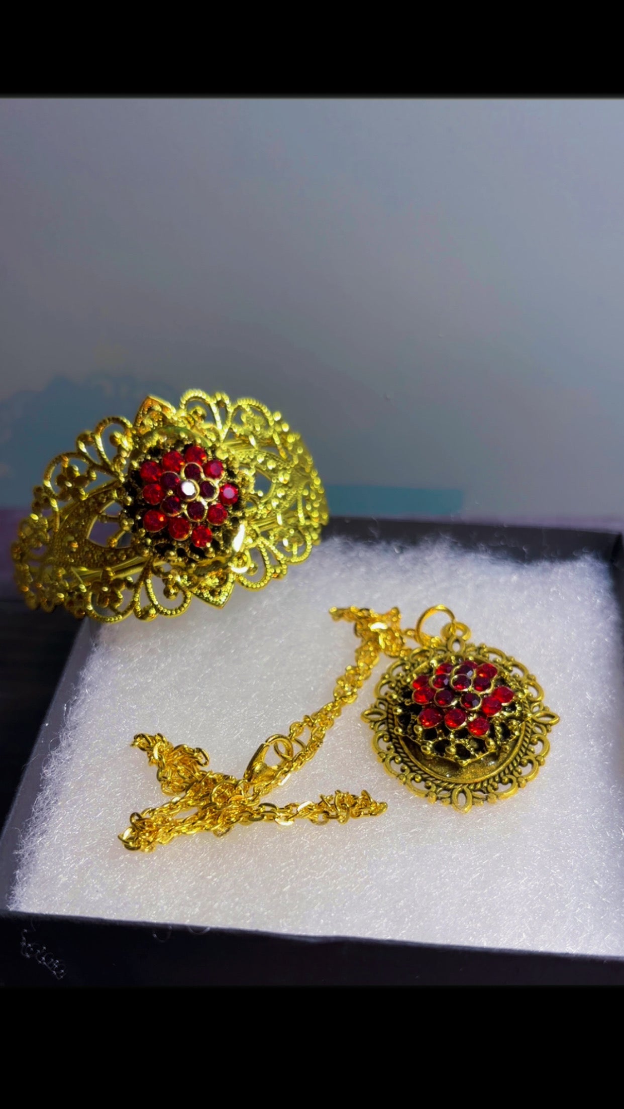 Handmade rhinestone cuff and cameo necklace set