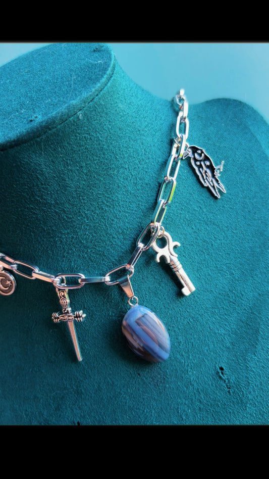Handmade charm necklace with black agate gemstone