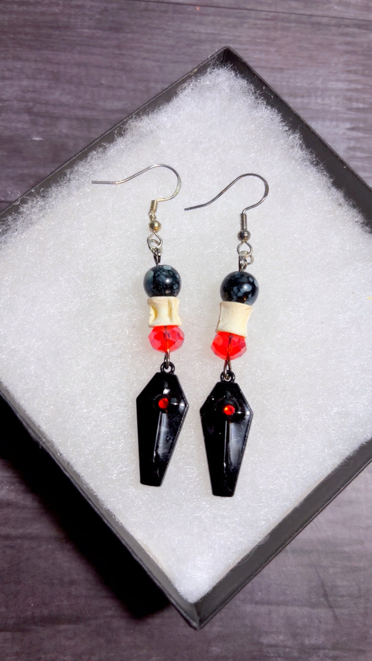 Handmade shark vertebrae coffin earrings
