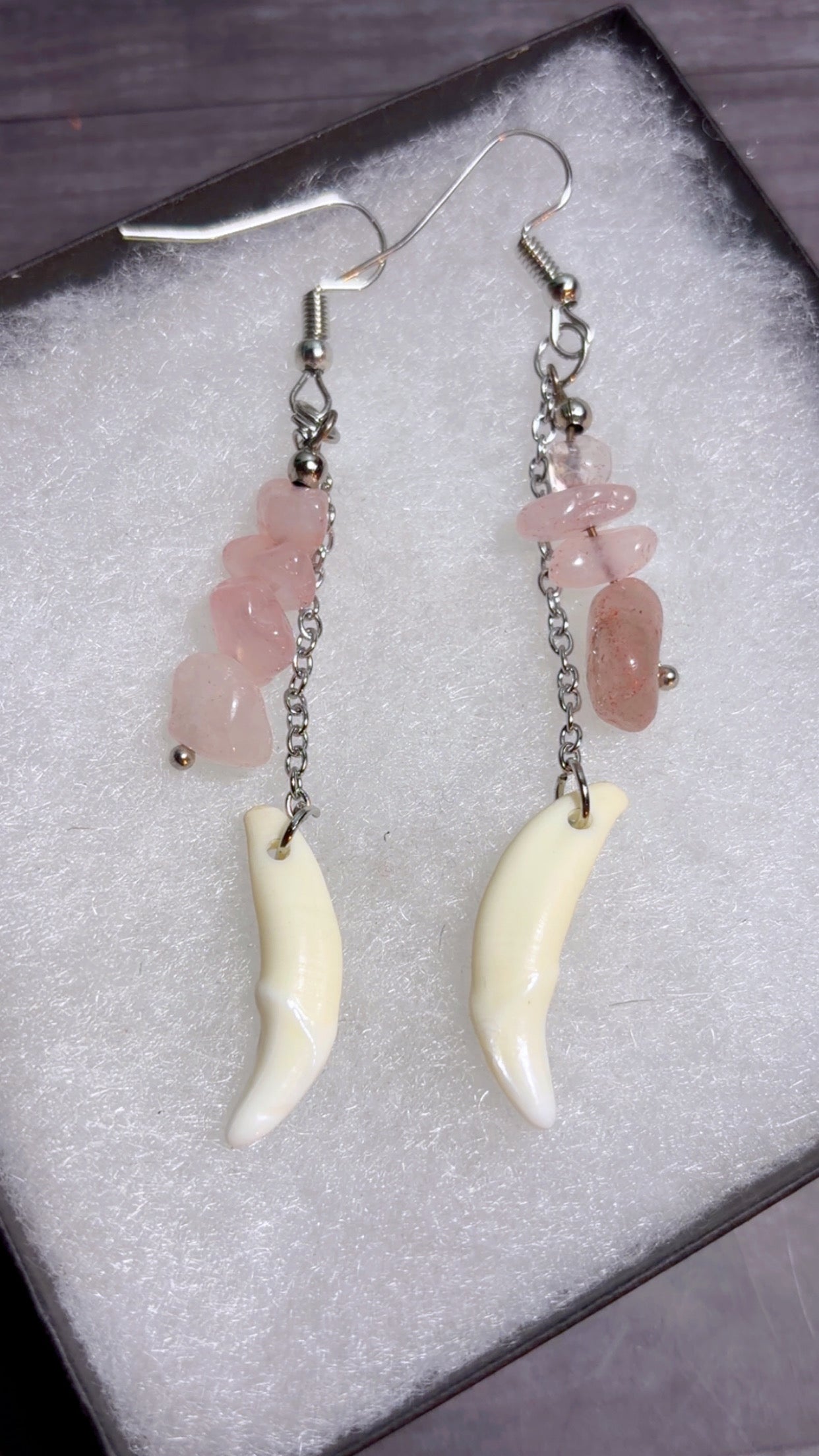 Handmade coyote fang and rose quartz earrings