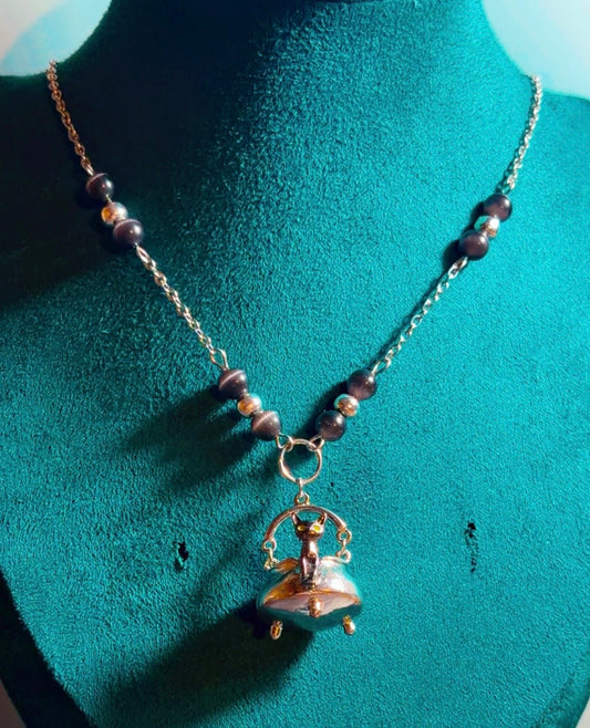 Handmade kitty in a cauldron necklace