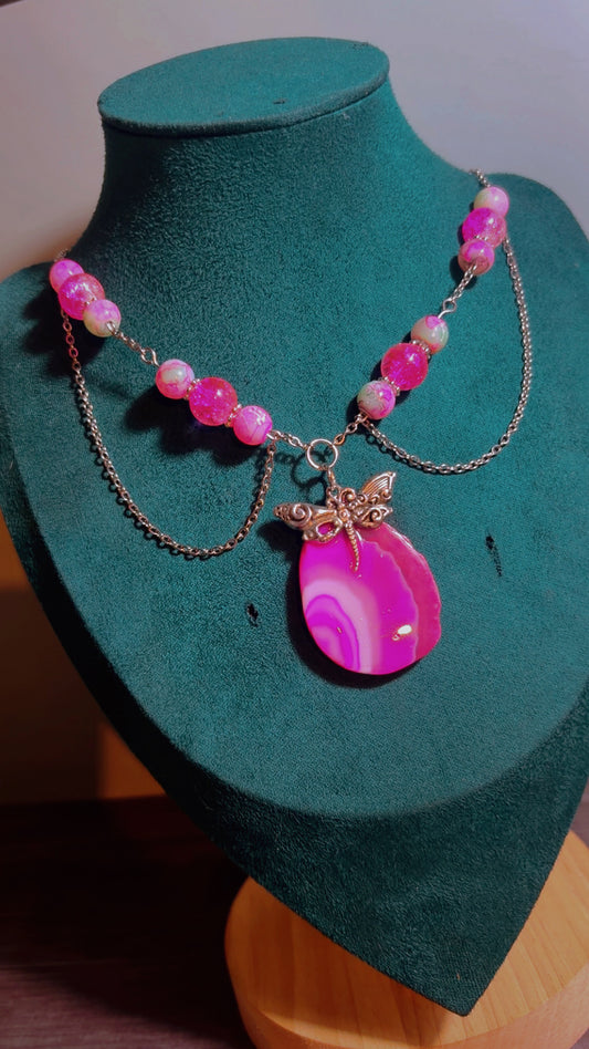 Handmade dragonfly & Agate slice necklace