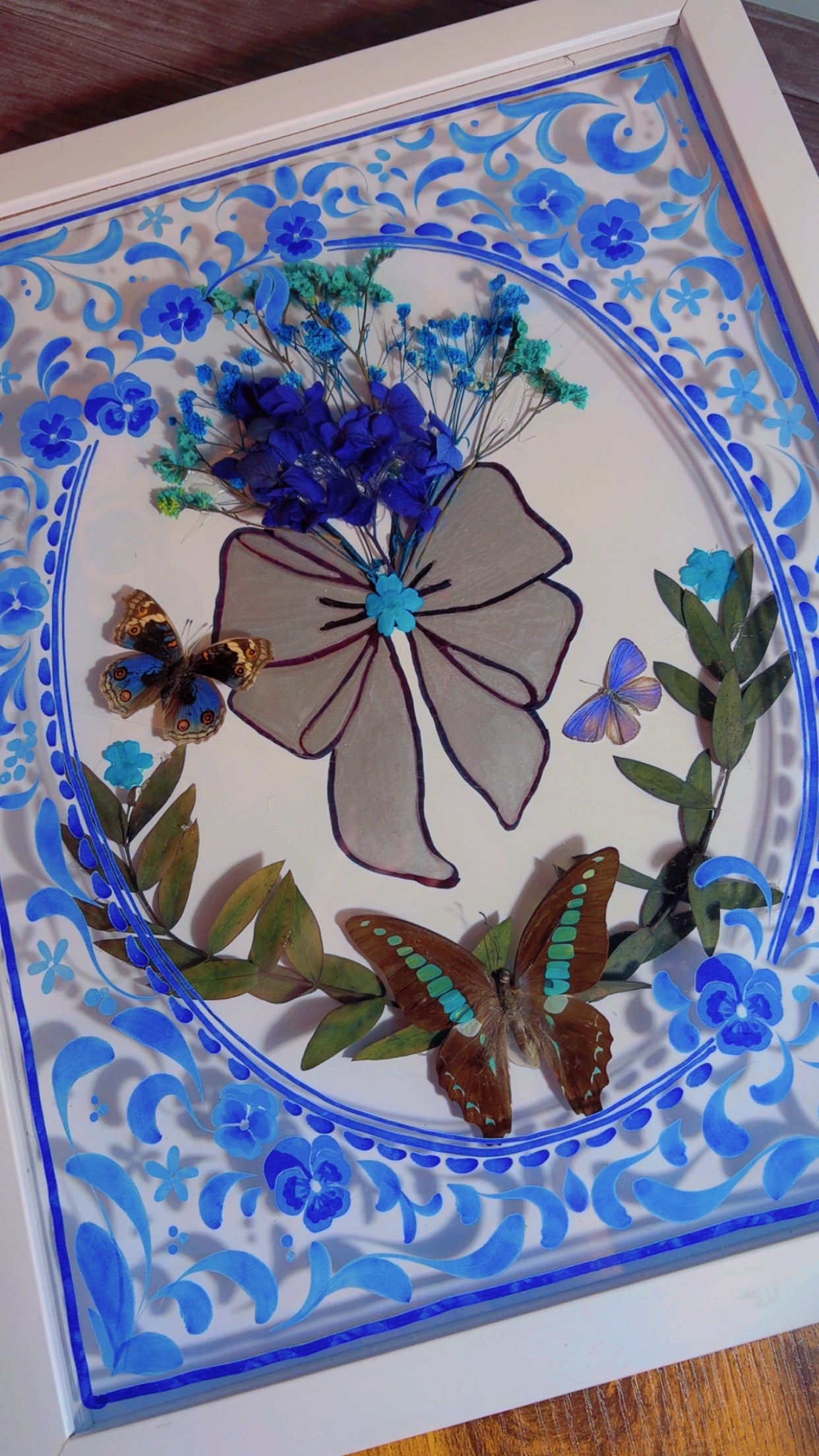 Handmade framed butterfly art piece
