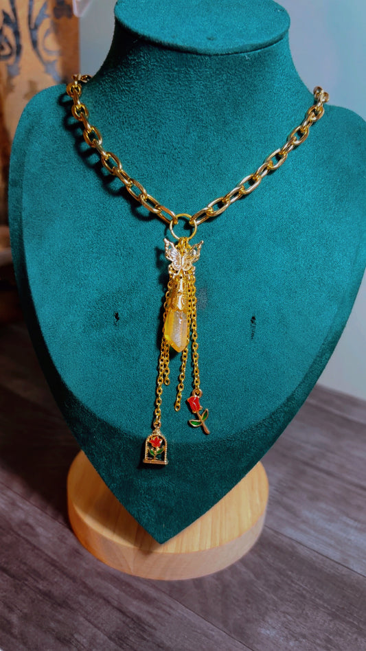 Handmade dyed quartz butterfly necklace