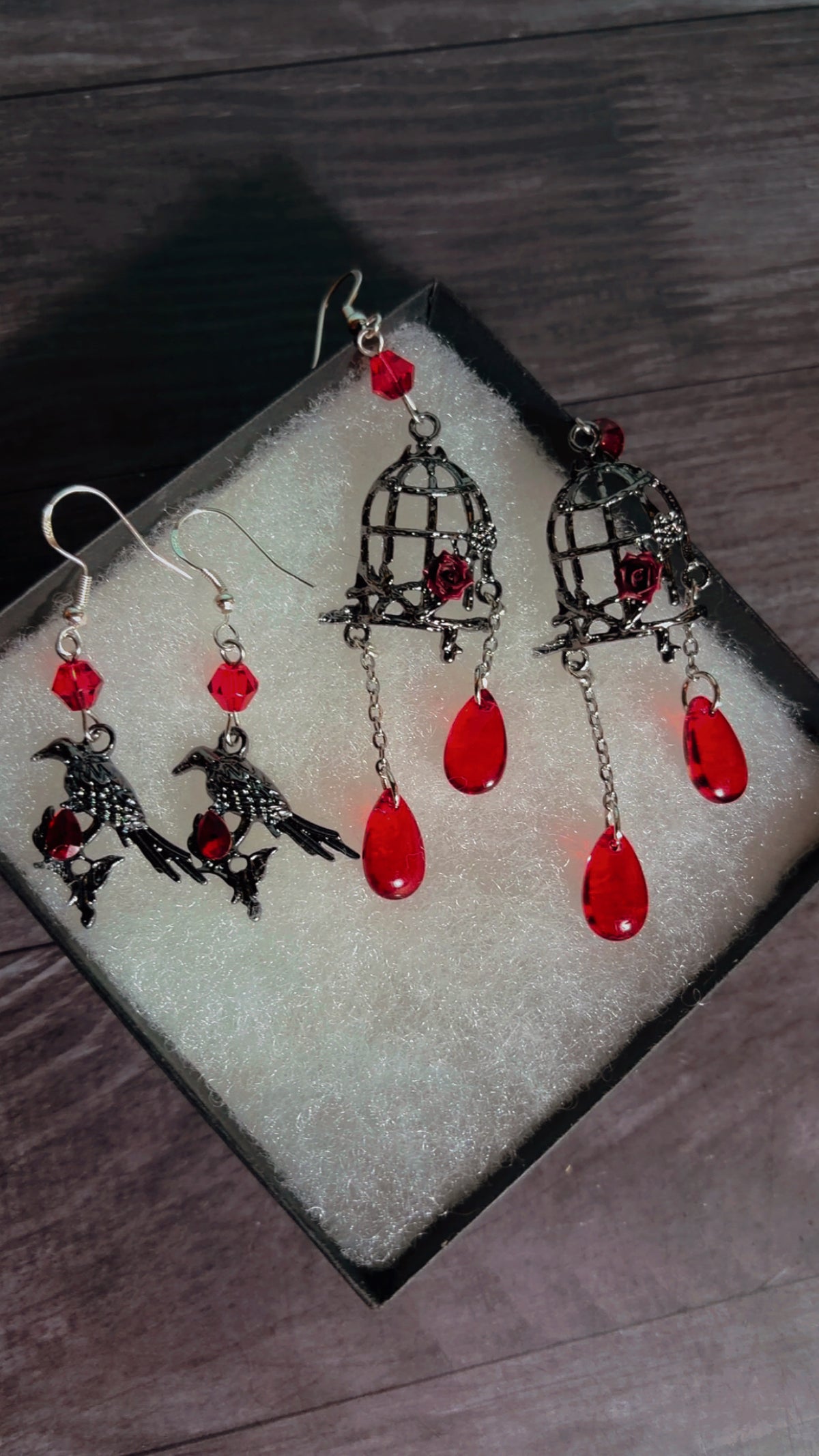 Handmade crow & bird cage earrings