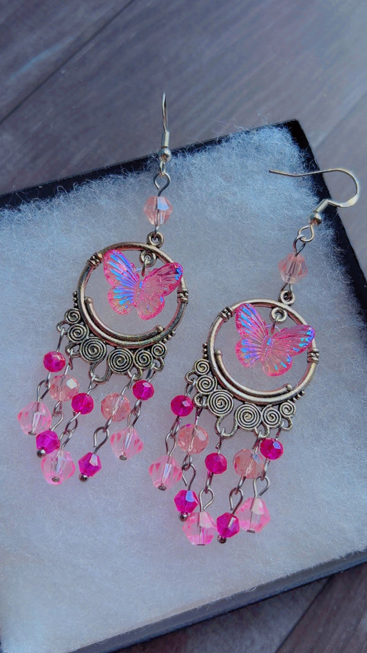 Handmade iridescent butterfly chandelier earrings