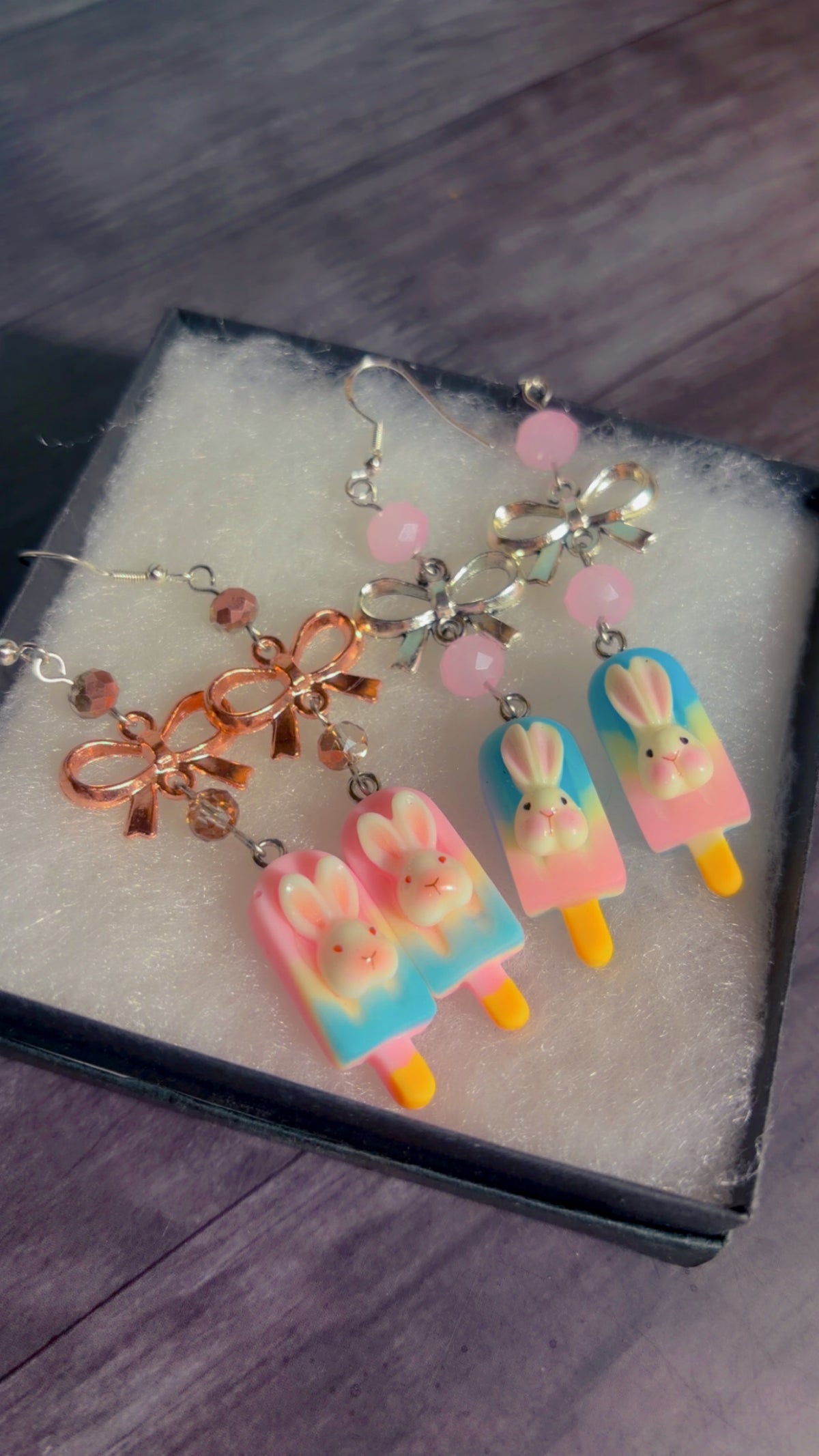 Handmade coquette bunny popsicle earrings