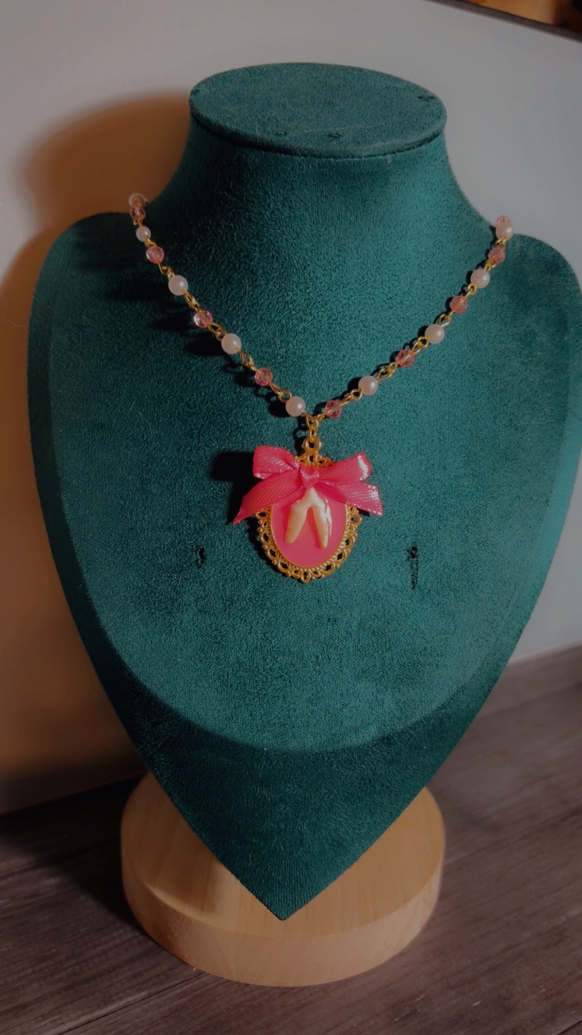 Handmade fox tooth cameo necklace