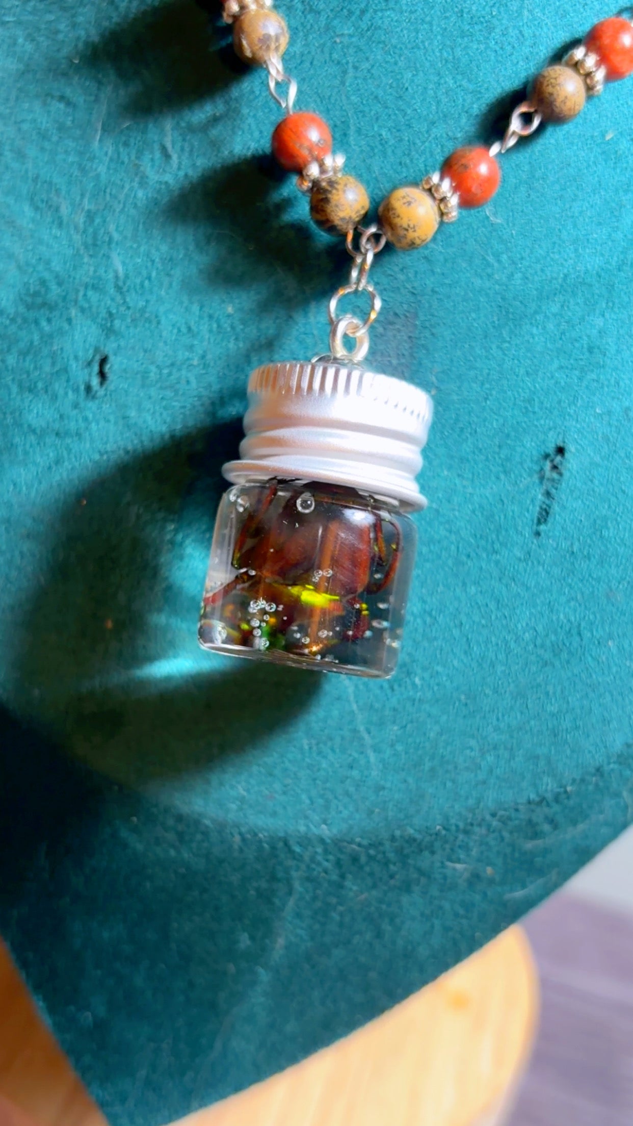 Handmade horned beetle wet specimen necklace