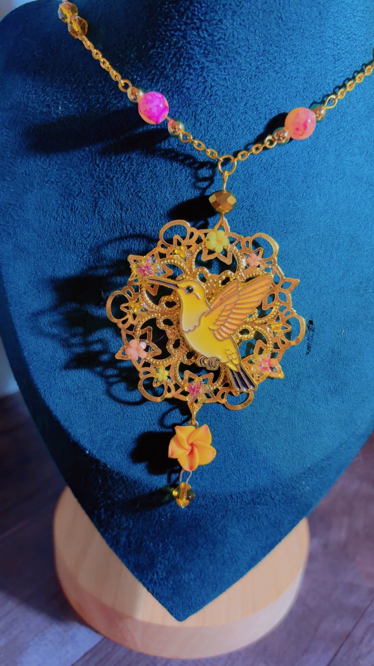 Handmade yellow humming bird necklace