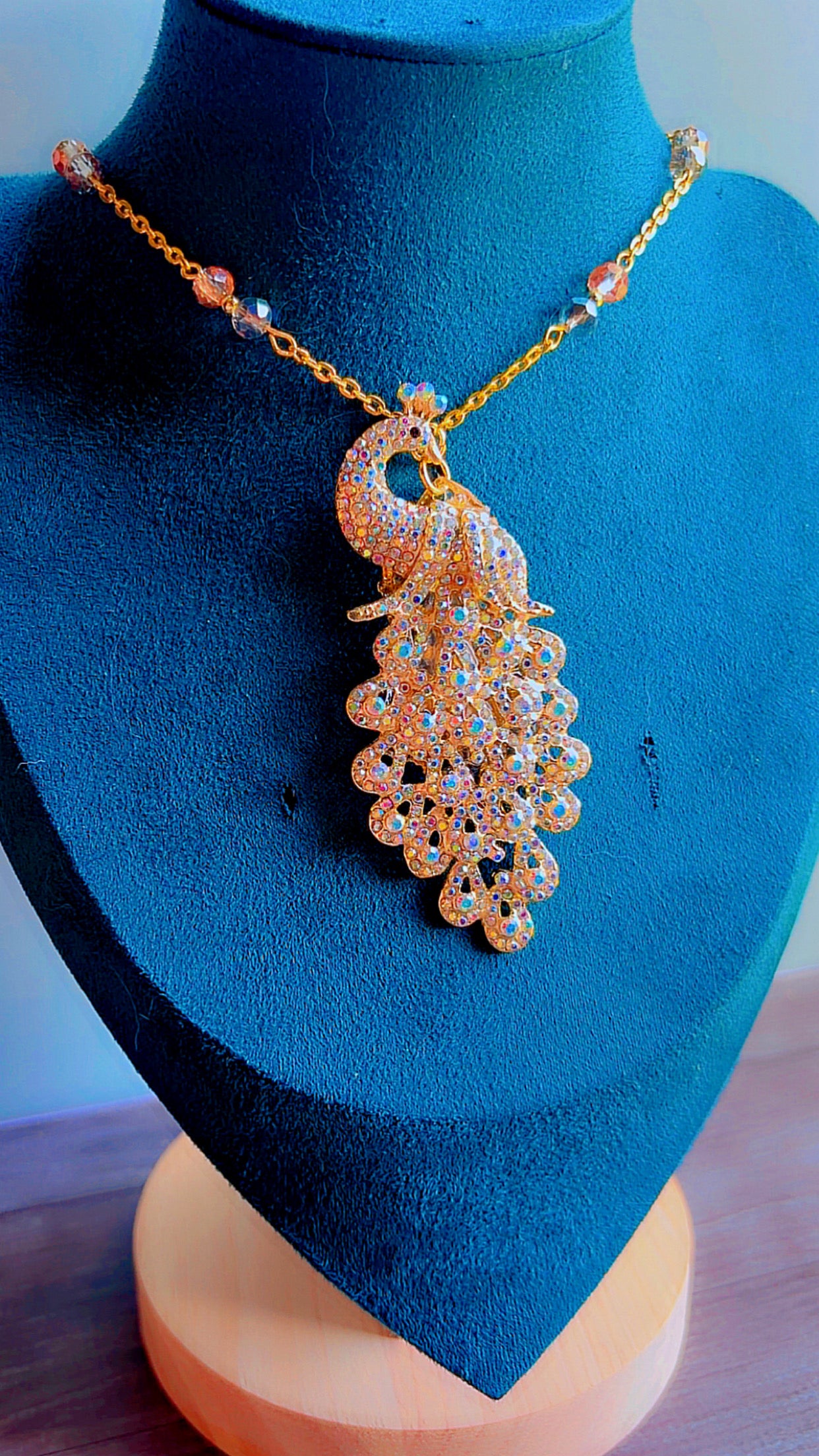 Handmade rhinestone peacock necklace