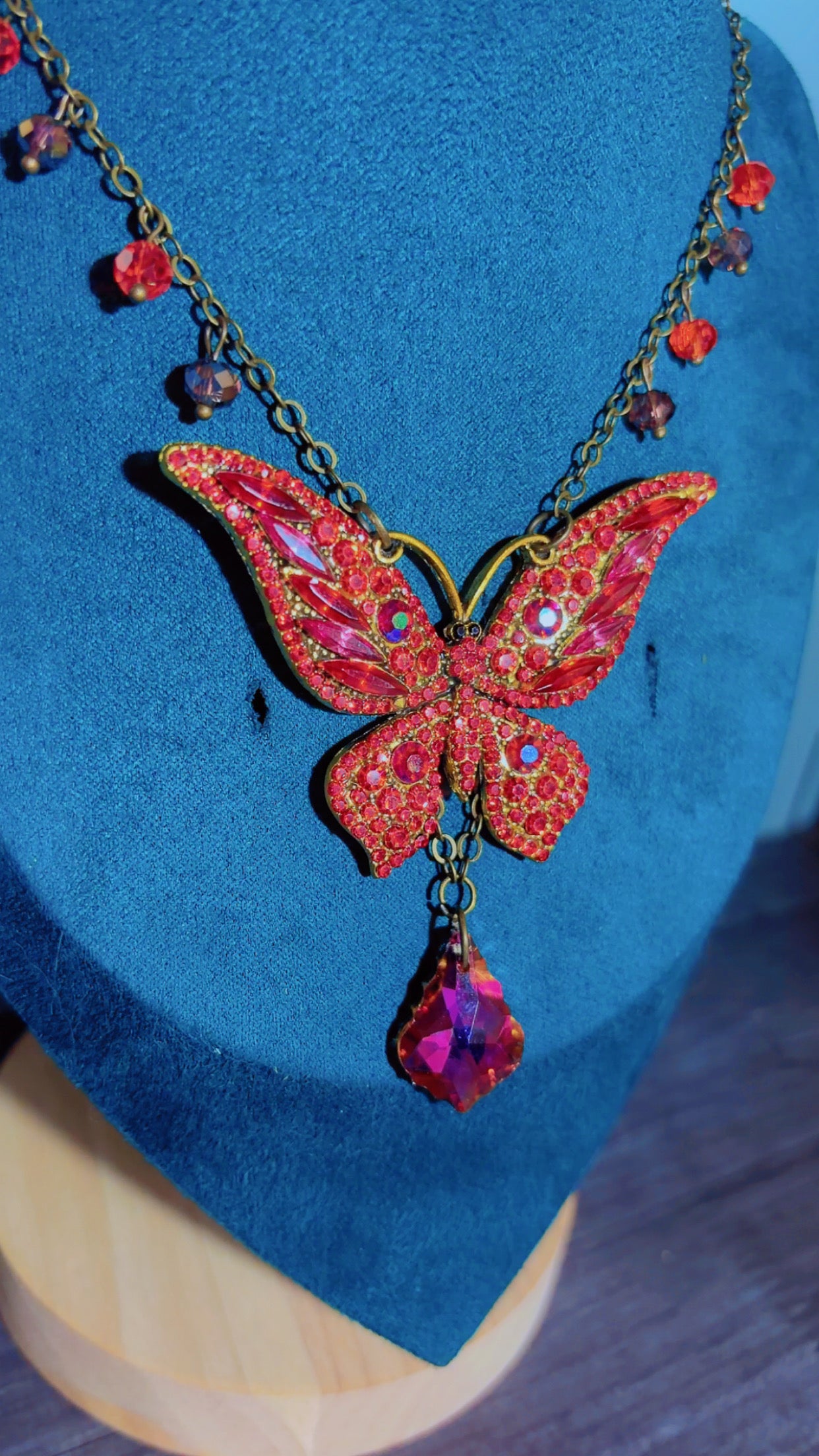 Handmade red rhinestone butterfly necklace