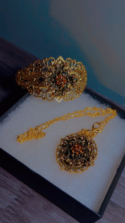 Handmade rhinestone cuff and cameo necklace set