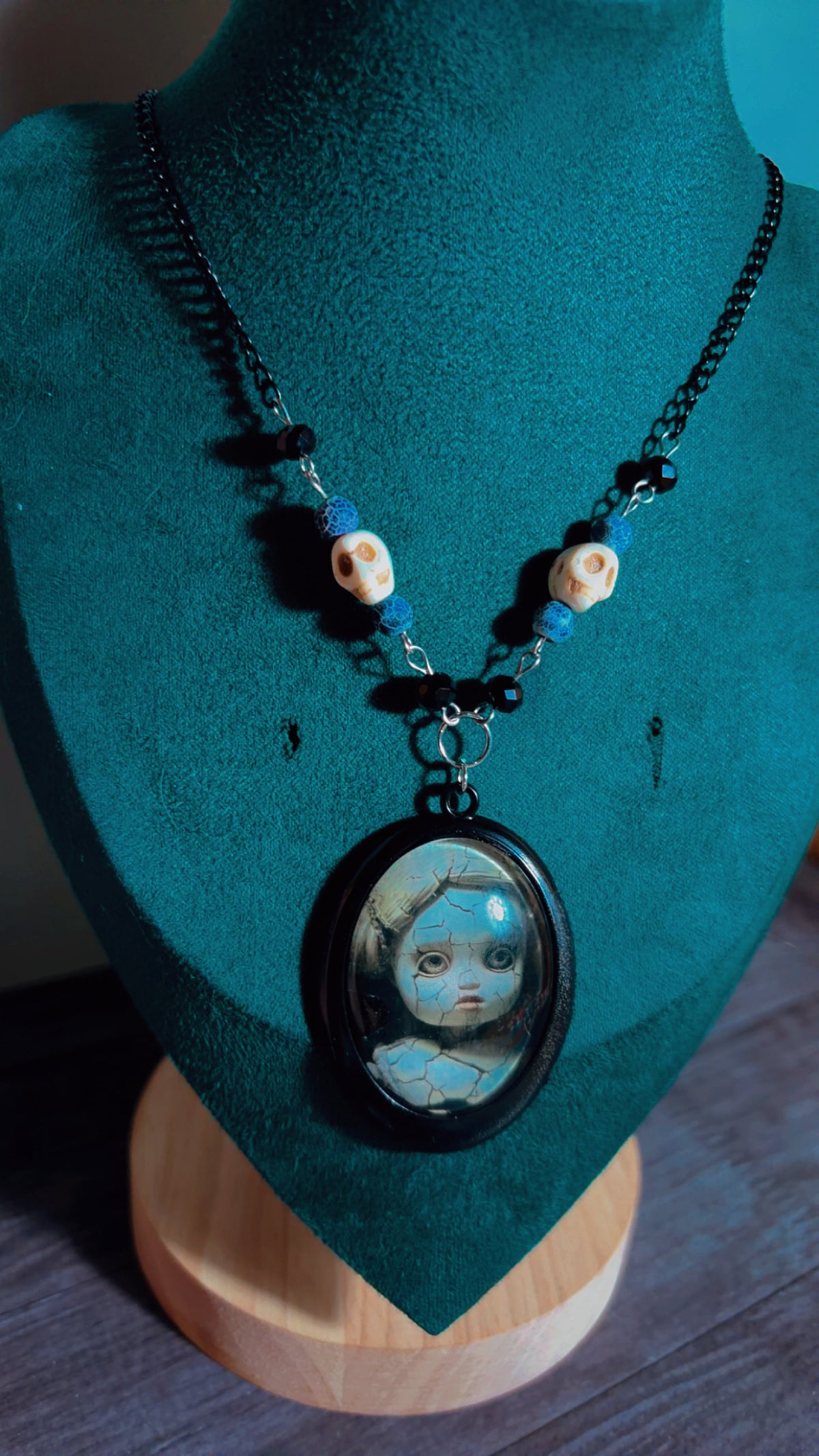 Handmade vintage cracked doll cameo necklace