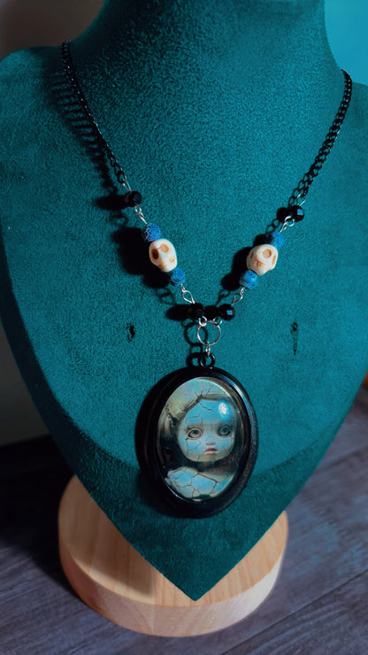 Handmade vintage cracked doll cameo necklace