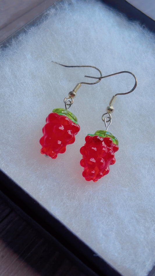 Glass red raspberry earrings