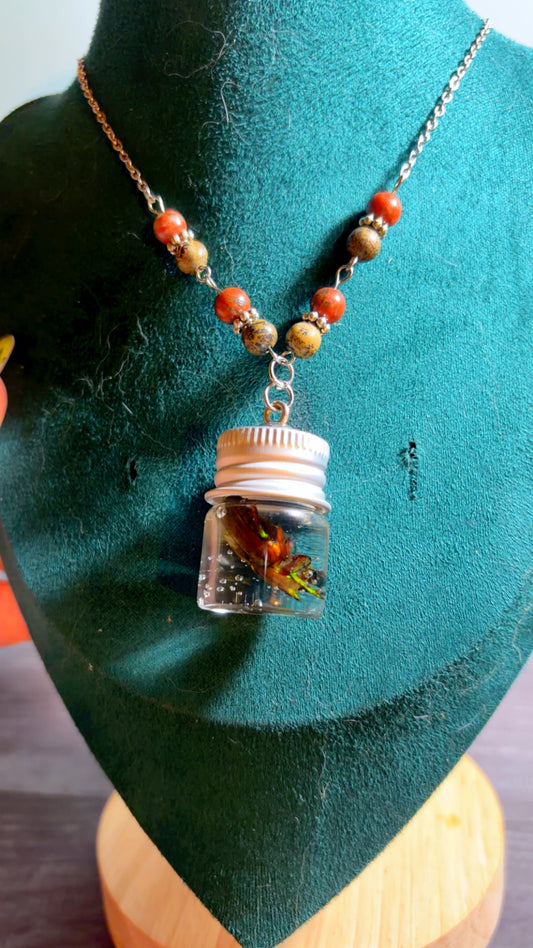 Handmade horned beetle wet specimen necklace