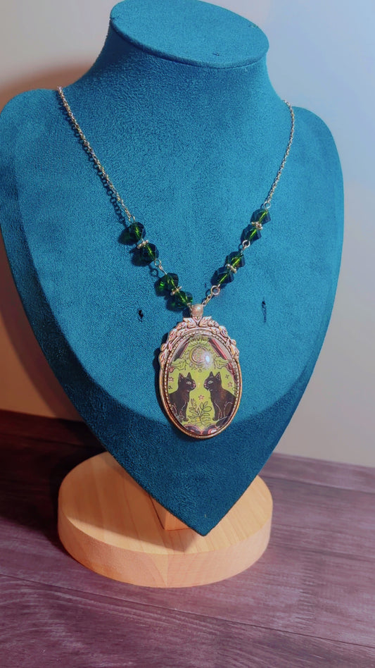 Handmade black cat cameo necklace