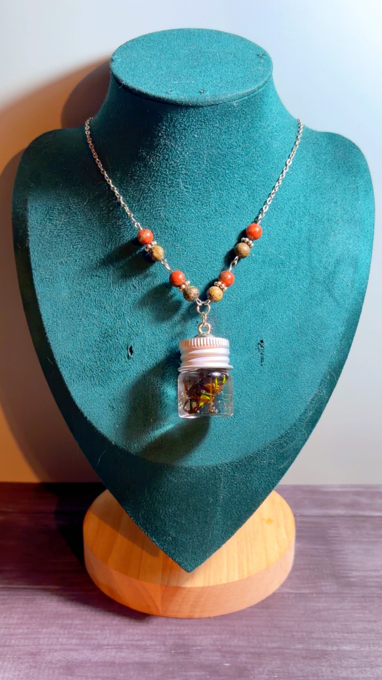 Handmade horned beetle wet specimen necklace