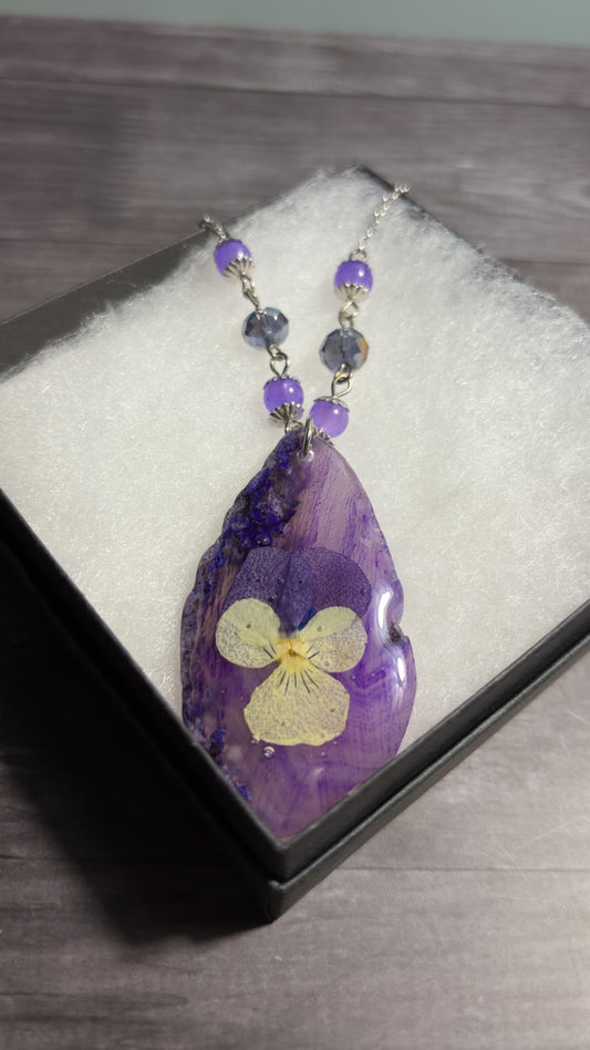 Handmade agate slice necklace with real dried florals