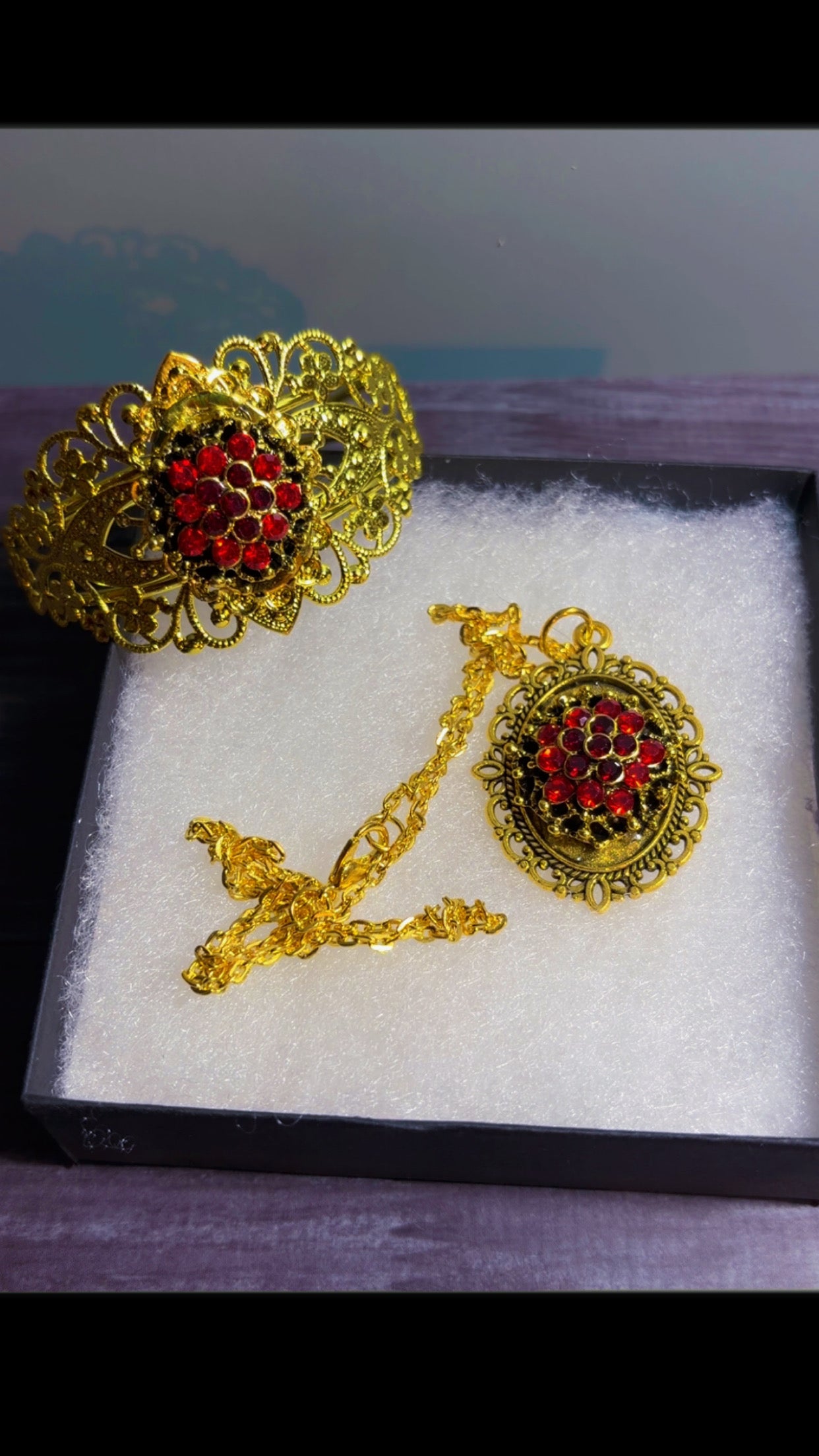 Handmade rhinestone cuff and cameo necklace set