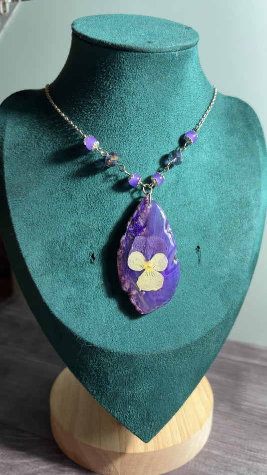 Handmade agate slice necklace with real dried florals