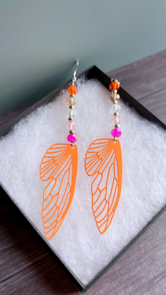 Handmade lesbian pride fairy wing earrings