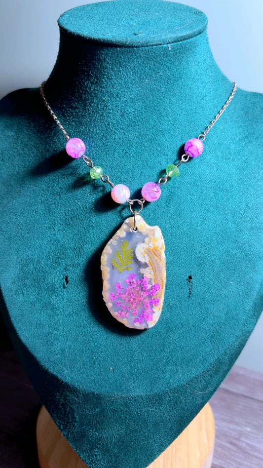 Handmade agate slice necklace with real dried florals