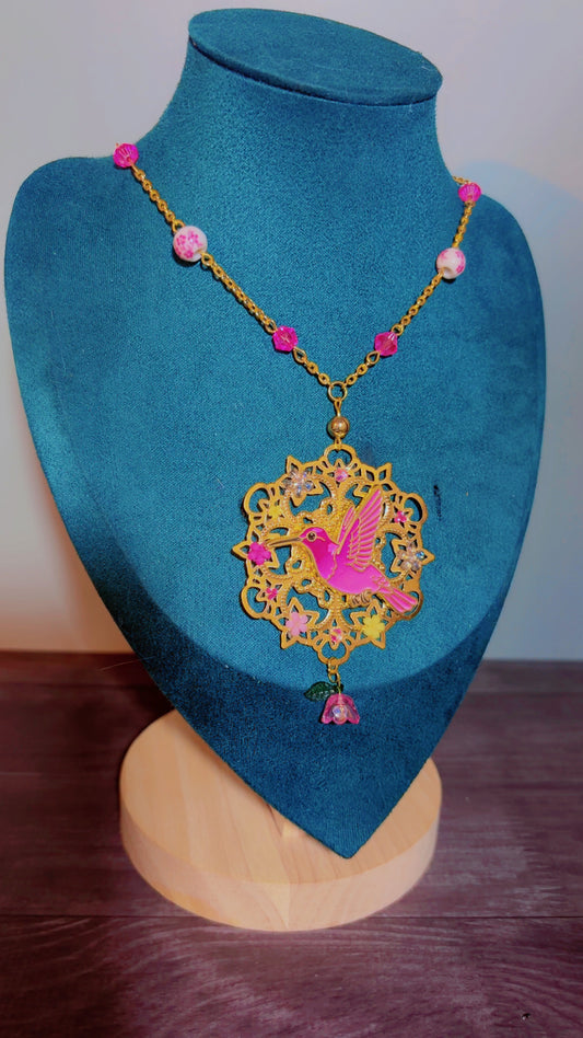 Handmade pink humming bird necklace