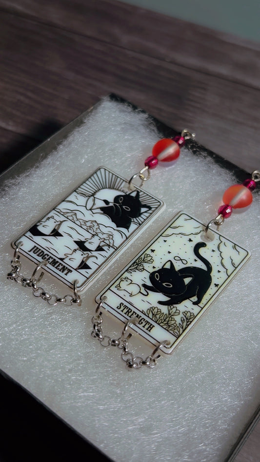 Handmade mismatched cat tarot card earrings