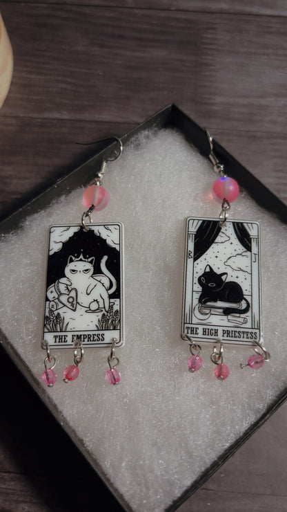 Handmade mismatched cat tarot card earrings