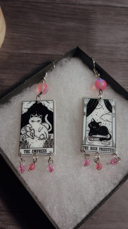 Handmade mismatched cat tarot card earrings