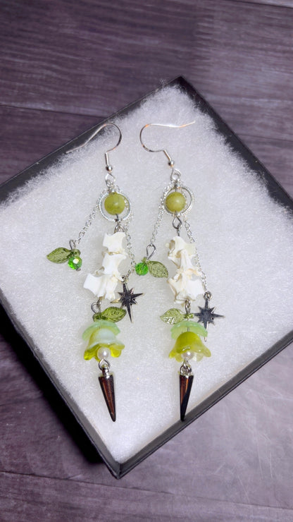 Handmade snake vertebrae and green jade earrings
