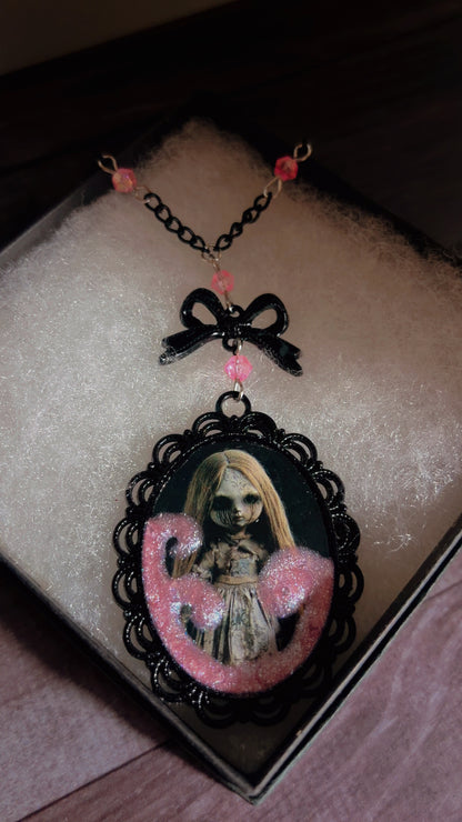 Handmade creepy doll cameo necklace