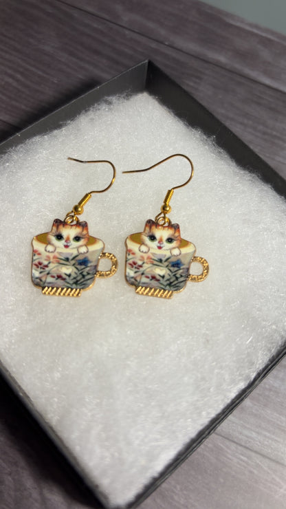 Handmade tea cup kitty earrings