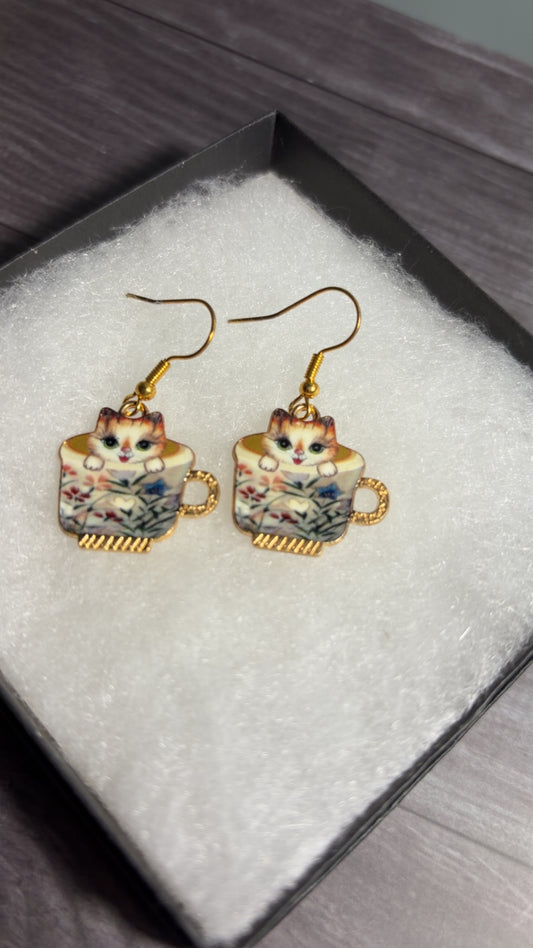Handmade tea cup kitty earrings