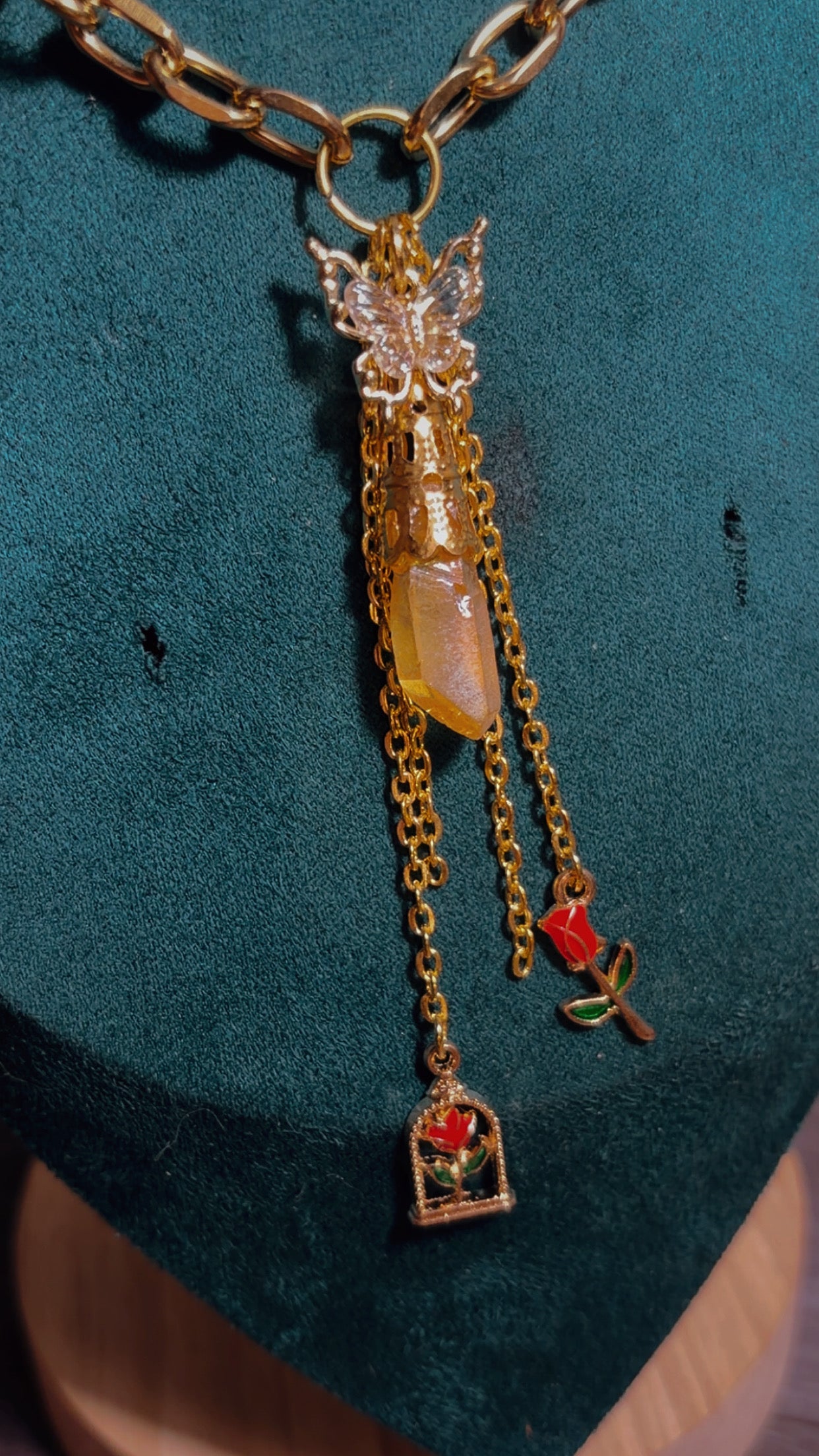 Handmade dyed quartz butterfly necklace