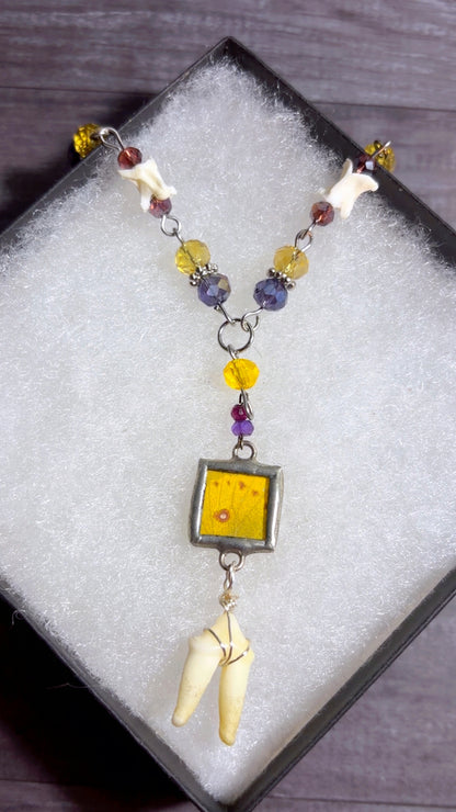 Handmade Y drop necklace with coyote tooth, snake vertebrae, and butterfly wing