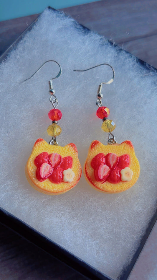 Handmade strawberry kitty toast earrings