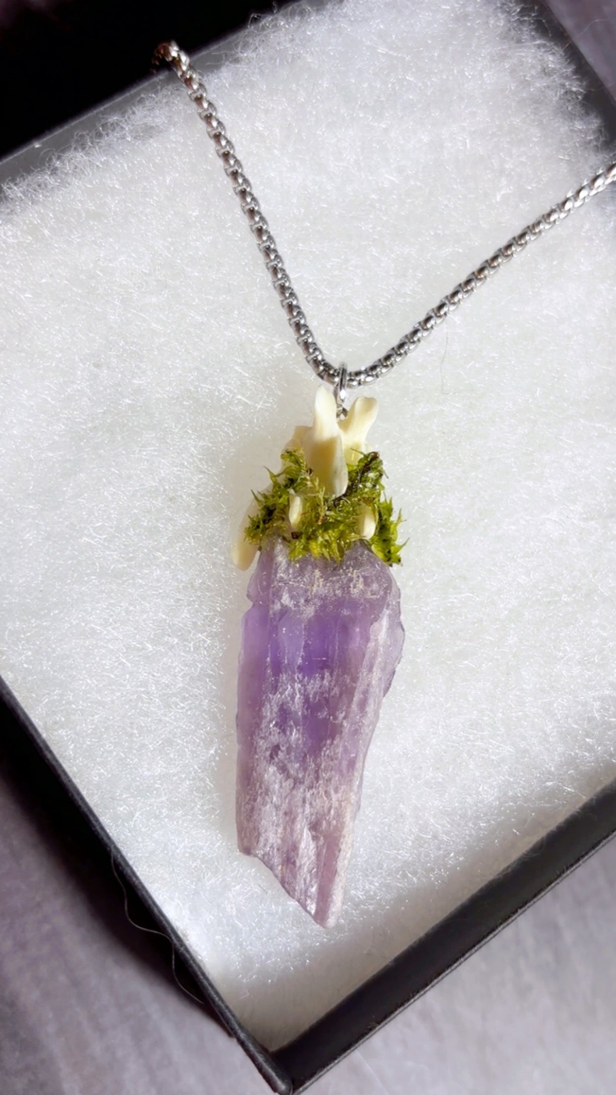 Handmade Lepidolite Crystal and mink vertebrae necklace