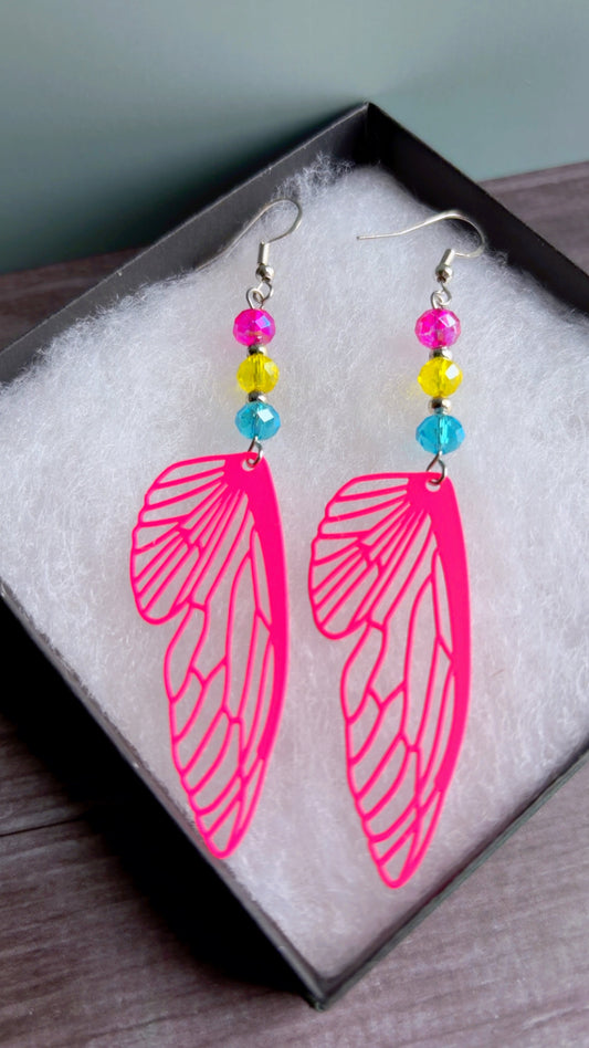 Handmade pansexual pride fairy wing earrings