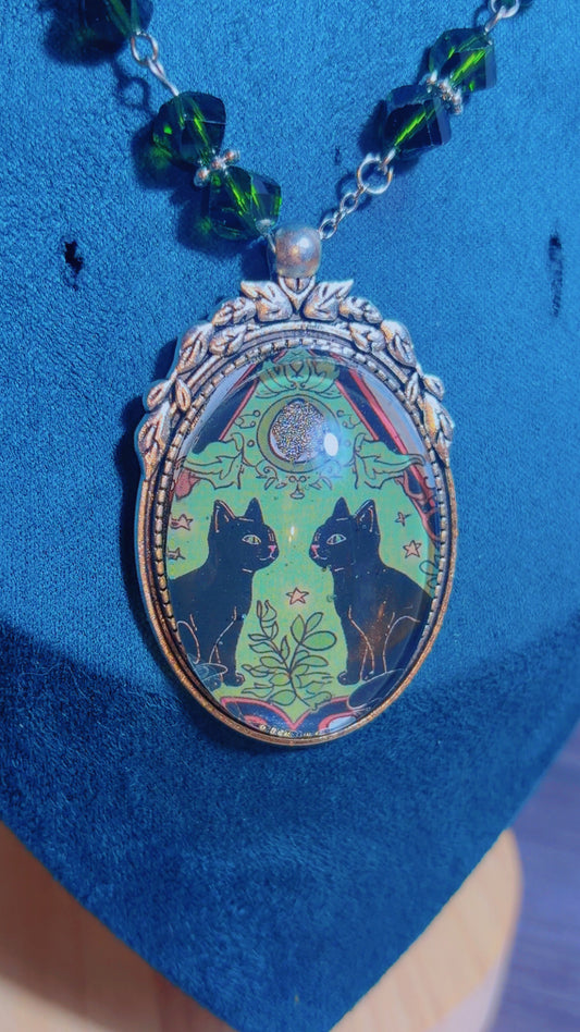 Handmade black cat cameo necklace