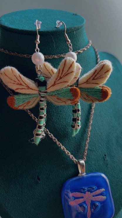 Glass dragonfly necklace & embroidered earrings