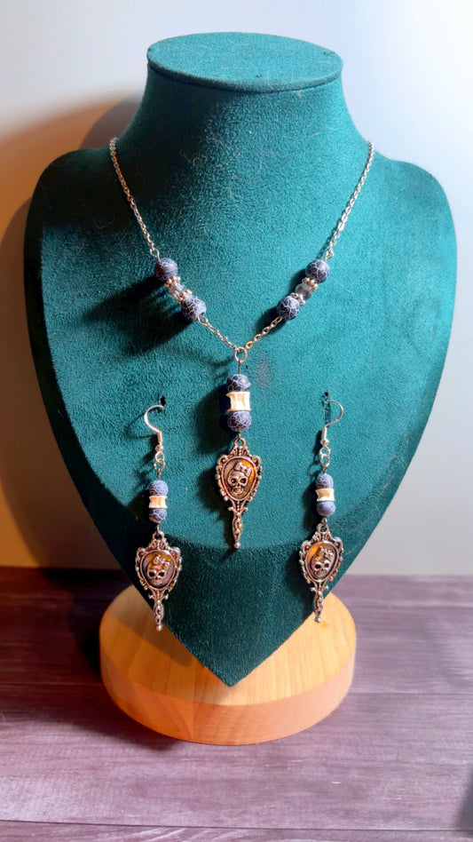 Handmade skull mirror set with shark vertebrae