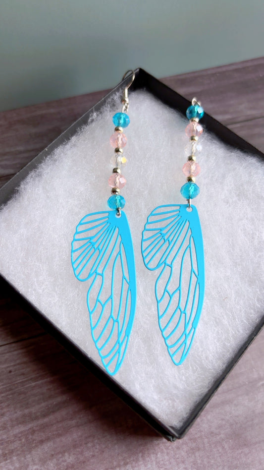Handmade trans pride fairy wing earrings