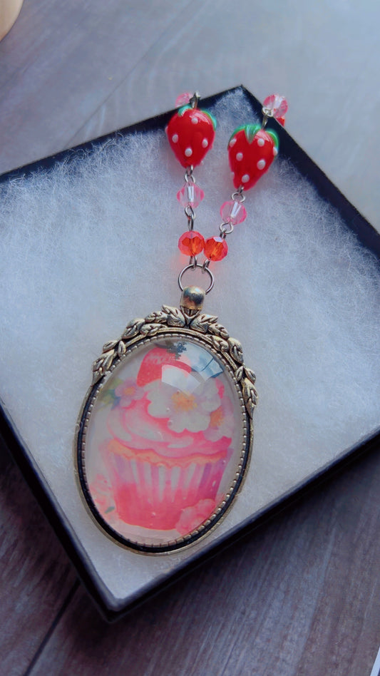 Handmade strawberry cupcake cameo necklace