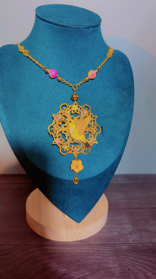 Handmade yellow humming bird necklace