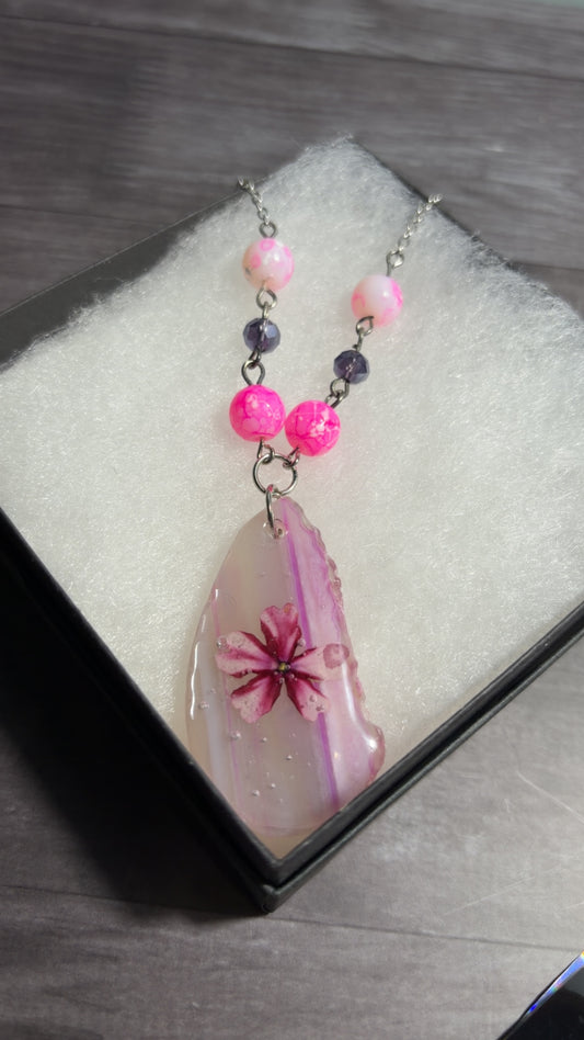 Handmade agate slice necklace with real dried florals