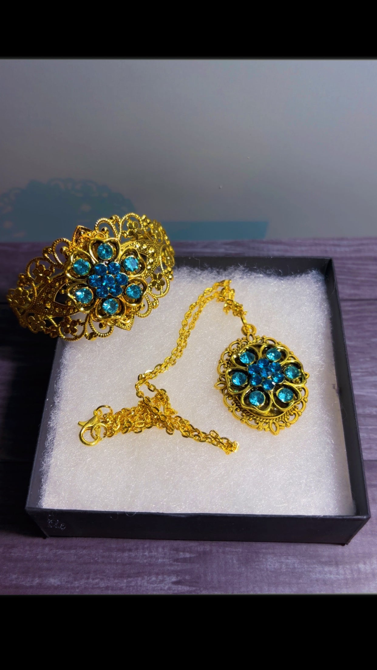 Handmade rhinestone cuff and cameo necklace set